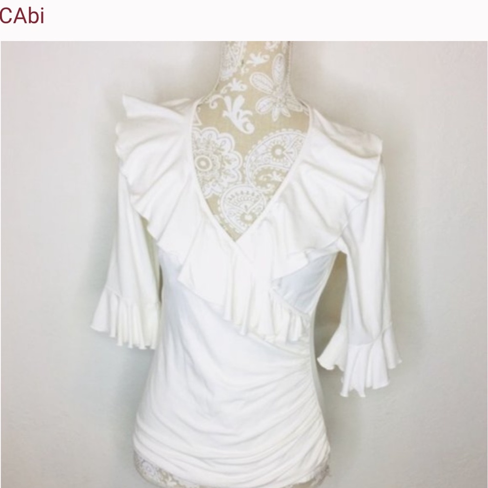 Cabi Cache Faux wrap White Ruffle V Neck Top 3/4 sleeve